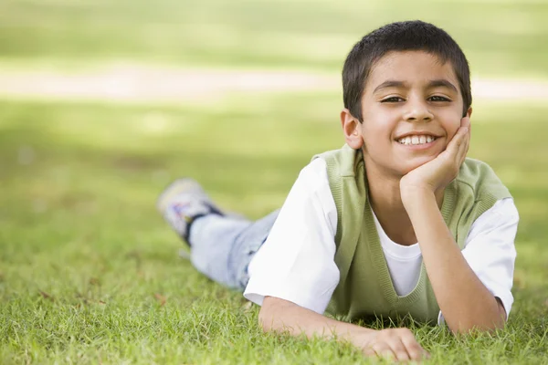 Boy Relaxing Park Looking Camera — Stock Photo, Image