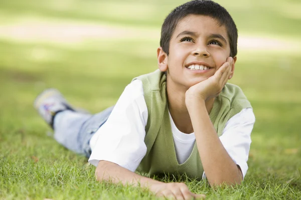 Boy Relaxing Park Looking Thoughtful — Stock Photo, Image