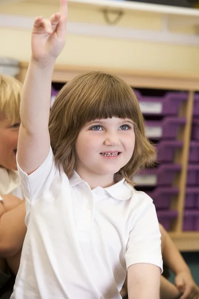Een Schoolmeisje Verhoogt Haar Hand Een Primaire Klasse — Stockfoto