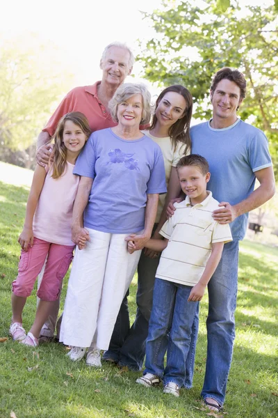 Utvidgade familjen stående i parken hålla händer och ler — Stockfoto