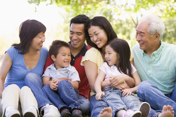 Extended Family Sitting Outdoors Smiling — Stock Photo, Image