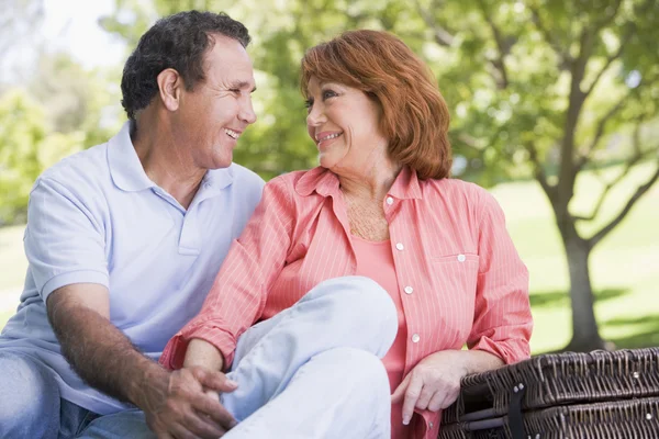 Paar bei einem Picknick Händchen haltend und lächelnd — Stockfoto