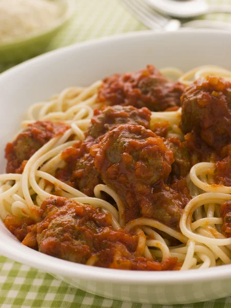 Cuenco Albóndigas Espagueti Salsa Tomate —  Fotos de Stock