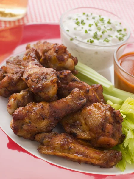 Spicy Buffalo Wings with Blue Cheese Dip Celery and Hot Chilli S — Stock Photo, Image