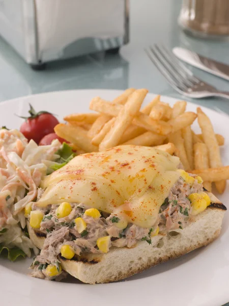 Open Tuna and Sweet corn Melt with Coleslaw and Fries — Stock Photo, Image