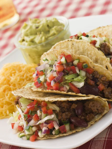 Tacos Carne Com Salada Queijo Guacamole — Fotografia de Stock