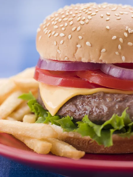 Sýr Burger Sezamové Housce Hranolky — Stock fotografie