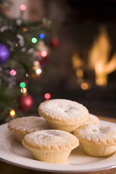 Plate of Mince Pies Log Fire and Christmas Tree — Stock Photo, Image