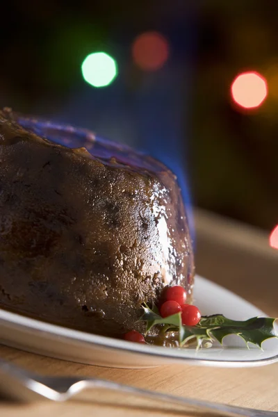 Christmas Pudding Met Een Brandewijn Flamb — Stockfoto