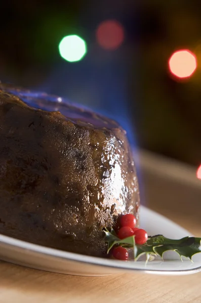 Christmas Pudding Med Brandy Flamb — Stockfoto