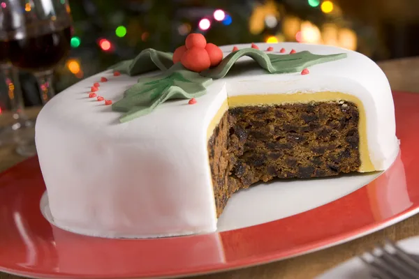 Christmas Cake Van Het Fruit Versierd Met Segmenten Genomen — Stockfoto
