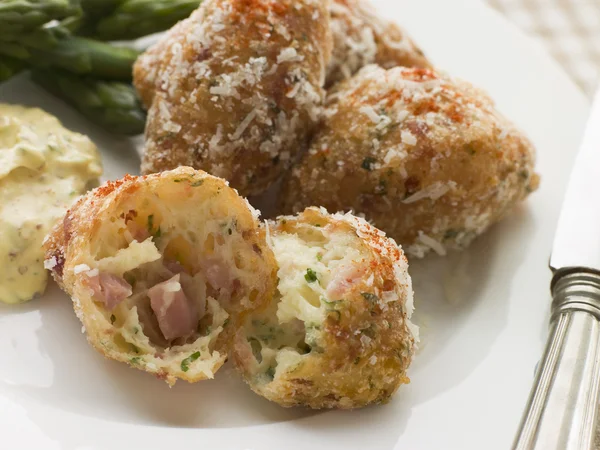 Ham and Cheese Beignets with Asparagus and Dijonnaise — Stock Photo, Image