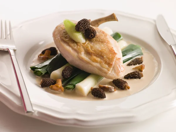 Breast of Chicken with Morels Baby Leeks and Madeira Cream — Stock Photo, Image