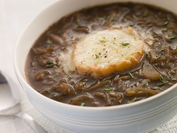 Bowl French Onion Soup Goats Cheese Crouton — Stock Photo, Image