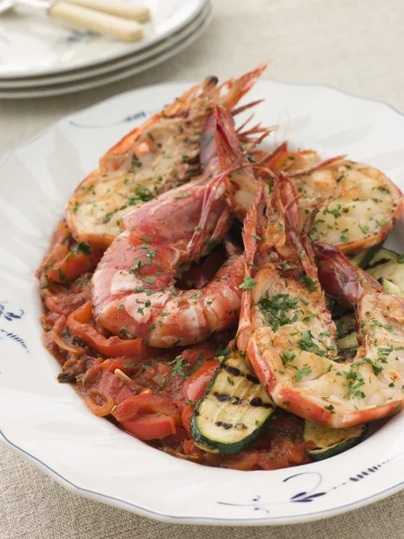 Grilled Tiger Prawns Piperade Grilled Courgettes — Stock Photo, Image
