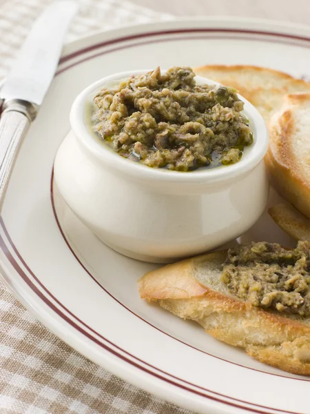 Green Olive Tapenade Toasted Baguette — Stock Photo, Image