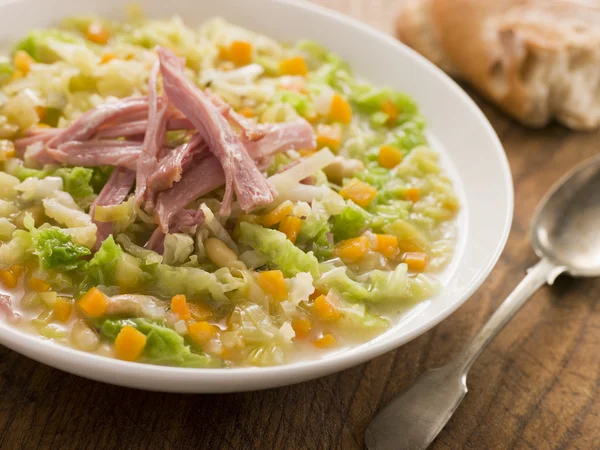 Cabbage Bacon Soup Rustic Bread — Stock Photo, Image