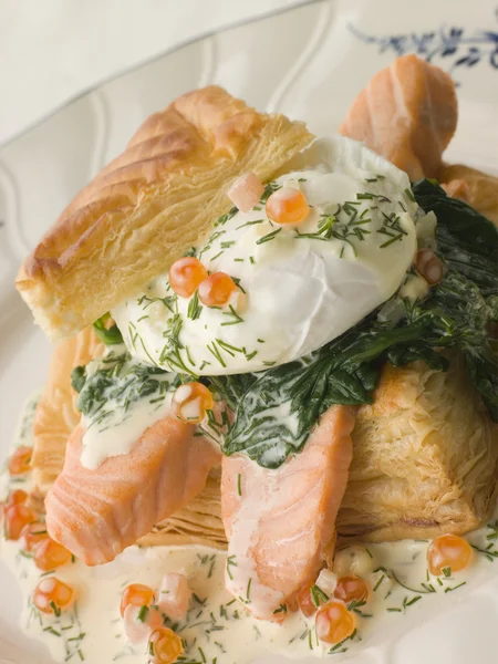 Zprudka pečený losos špenátem a vejce v případu wi v těstíčku — Stock fotografie