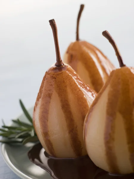 Pear Poached Rosemary Chocolate Sauce — Stock Photo, Image