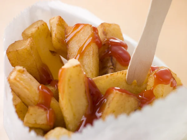 Chip Shop Chips Bag Wooden Fork Tomato Ketchup — Stock Photo, Image
