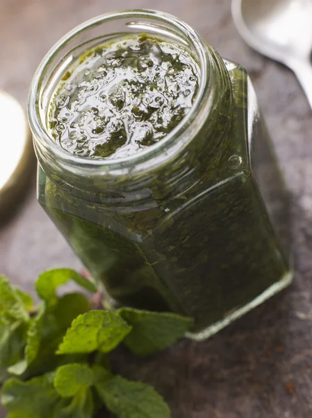 Jar of Mint sauce — Stock Photo, Image