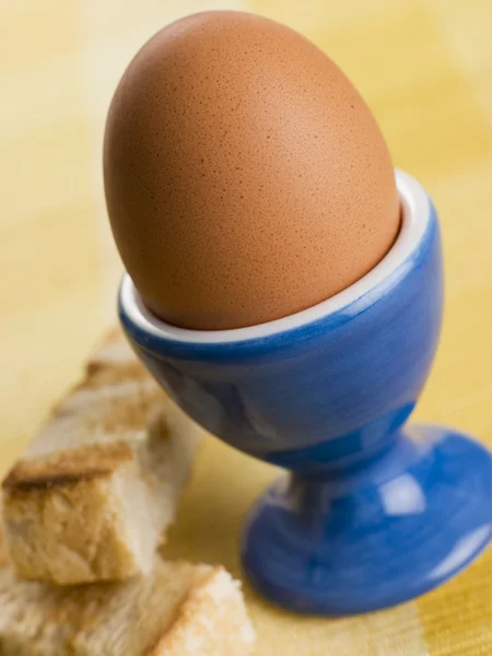 Lágy főtt tojás, egy tojás csésze pirított katonák — Stock Fotó