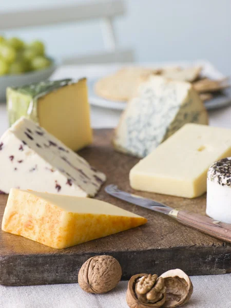 クルミのビスケットとブドウ イギリス チーズのセレクション — ストック写真