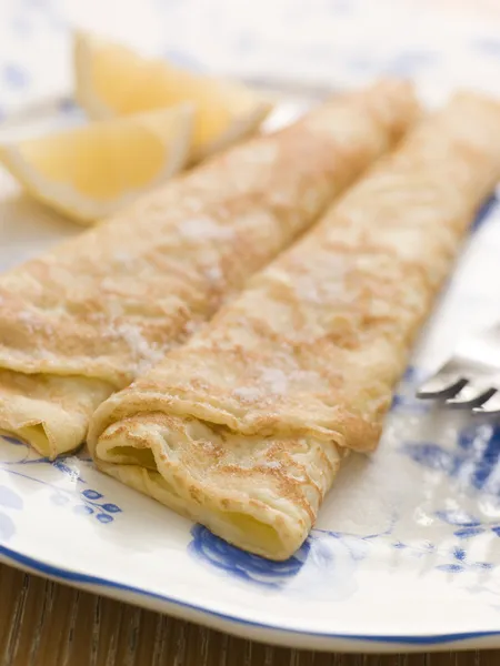 Plate of Folded Pancakes Lemon and Sugar — Stock Photo, Image
