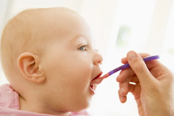 Mother feeding baby food to baby — Stock Photo, Image