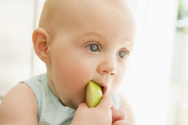 Ребёнок ест яблоко в помещении — стоковое фото