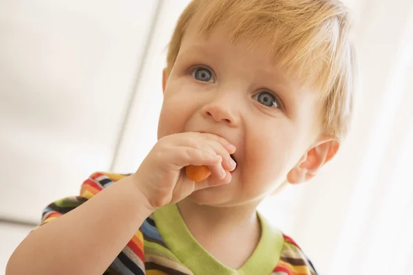 Menino Comendo Cenoura Dentro Casa — Fotografia de Stock