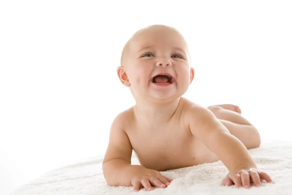 Dziecko Pozycji Leżącej Uśmiechający Się — Zdjęcie stockowe