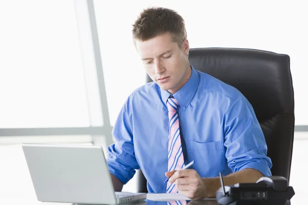 Businessman Sitting Office Laptop Writing Note — Stock Photo, Image