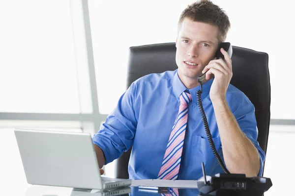 Businessman Sitting Office Laptop Using Telephone — Stock Photo, Image