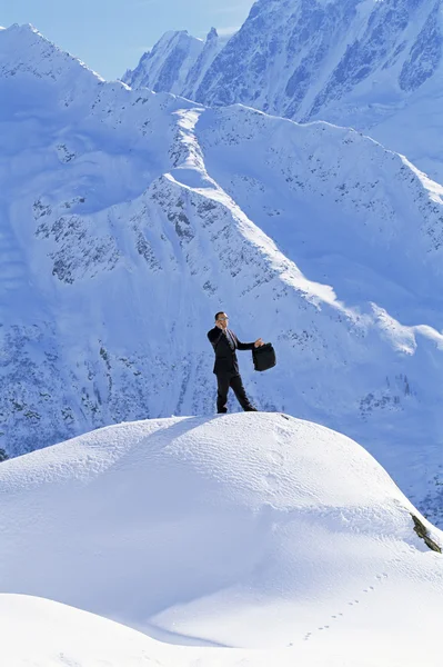 Businessman outdoors on snowy mountain using cellular phone — Stock Photo, Image