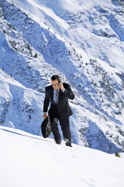 Businessman Outdoors Snowy Mountain Using Cellular Phone — Stock Photo, Image