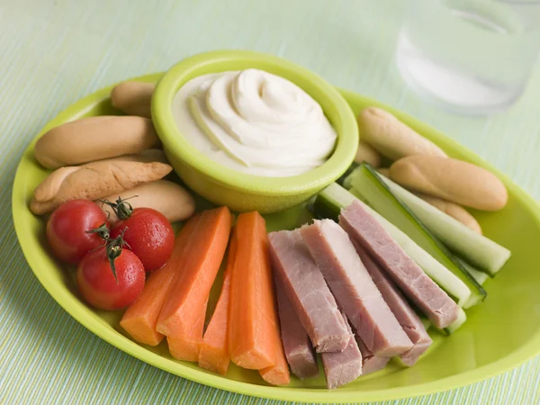 Ham Vegetable and Bread Sticks with Cheese Spread — Stock Photo, Image