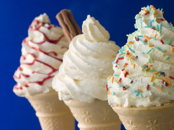 Whipped Ice Cream Cones Three Different Toppings — Stock Photo, Image
