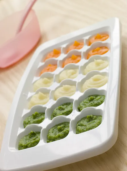 Pureed Baby Food in un vassoio di cubetti di ghiaccio — Foto Stock