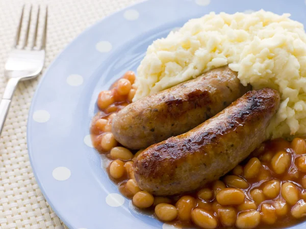 Sausage and Mash with Baked Beans — Stock Photo, Image