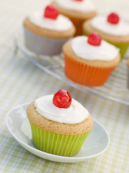 Iced Cup Cakes with Glace Cherries — Stock Photo, Image