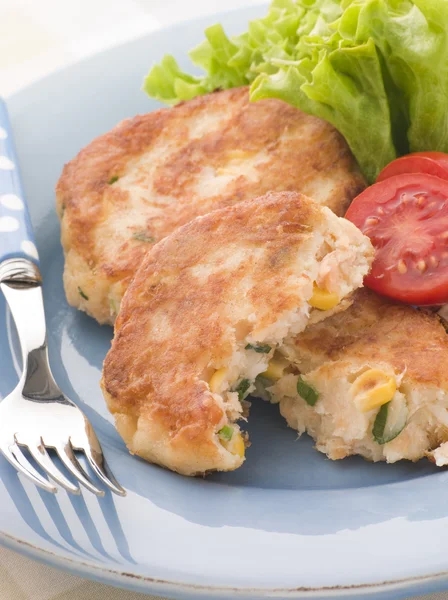 stock image Cod and Salmon Fish Cakes with Corn and Salad