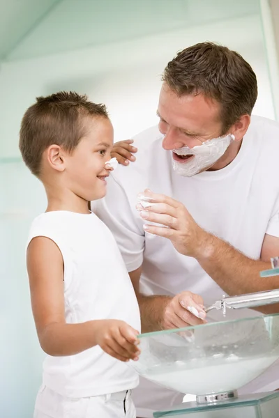 Man Bathroom Putting Shaving Cream Young Boy Nose — Stock Photo, Image
