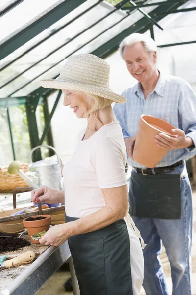 Woman in greenhouse planting seeds and man holding pot smiling — Stock Photo, Image