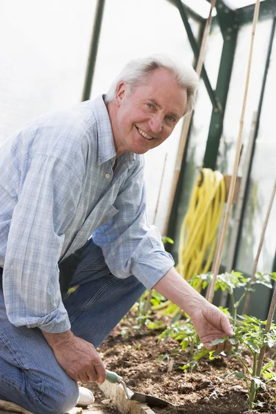 Man Greenhouse Holding Shovel Smiling — Stock Photo, Image
