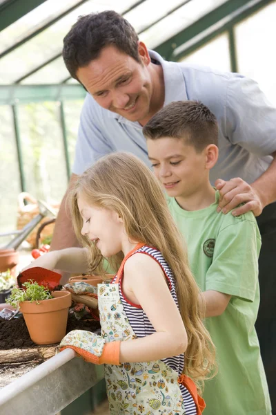 Man i växthus att hjälpa två unga barn att sätta marken i potten — Stockfoto