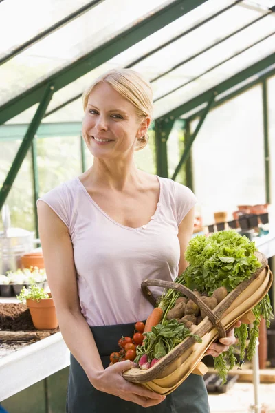Kobieta w cieplarnianych trzyma koszyka warzywa uśmiechający się — Zdjęcie stockowe