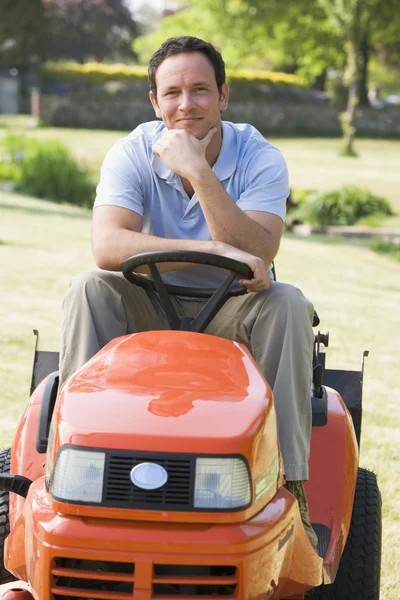 Man Outdoors Lawnmower Smiling — Stock Photo, Image