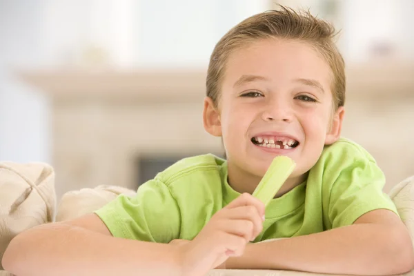 Young Boy Eating Celery Living Room Smiling — Stock Photo, Image