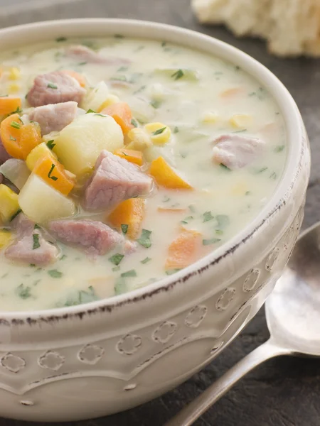 Bowl of Bacon and Corn Chowder with Soda Bread — Stock Image Bowl of Bacon and Corn Chowder with Soda Bread Royalty Free Stock Images